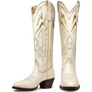 Women's White Knee High Cowgirl Boots Pull On Lightning Embroidered Pointed Toe
